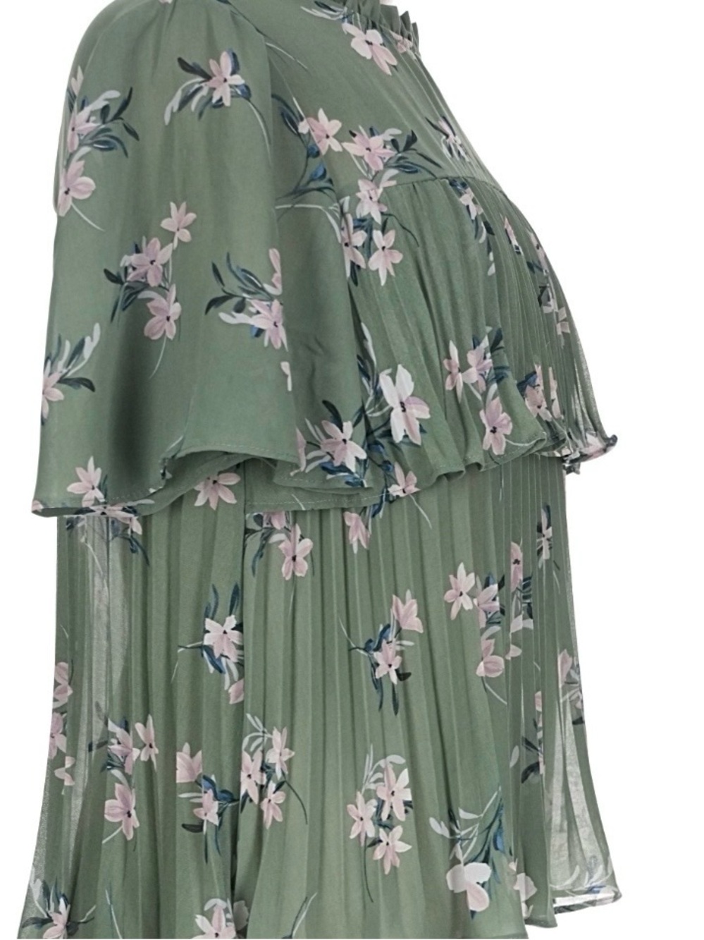 Love & Piece Sweet Olive Green Floral Pleated Ruffle Blouse with Flutter Sleeves - Picture 5 of 10